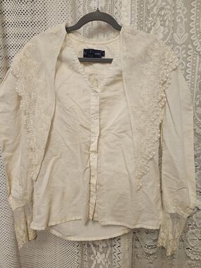 Ralph Lauren Cream Lace-Trim Button Front Blouse